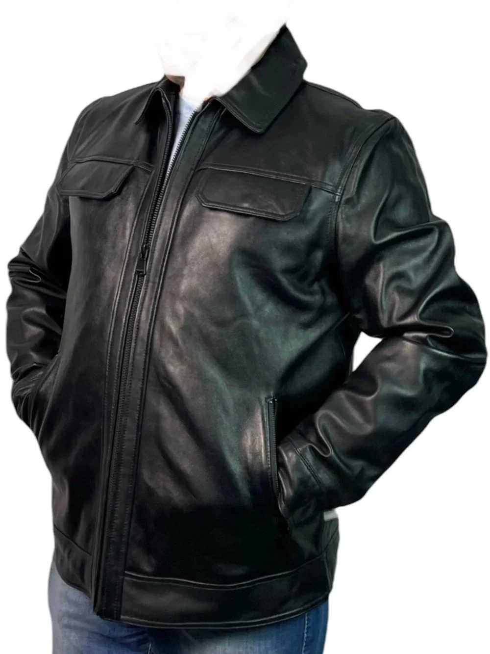 Perry Ellis Portfolio black leather jacket featuring a quilted interior lining - Picture 1 of 17